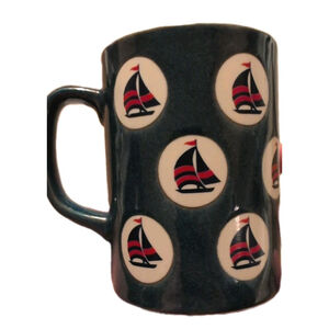 Vintage Otagiri Japan Sailboat Coffee Mug Stoneware Nautical Boat Navy Blue Red